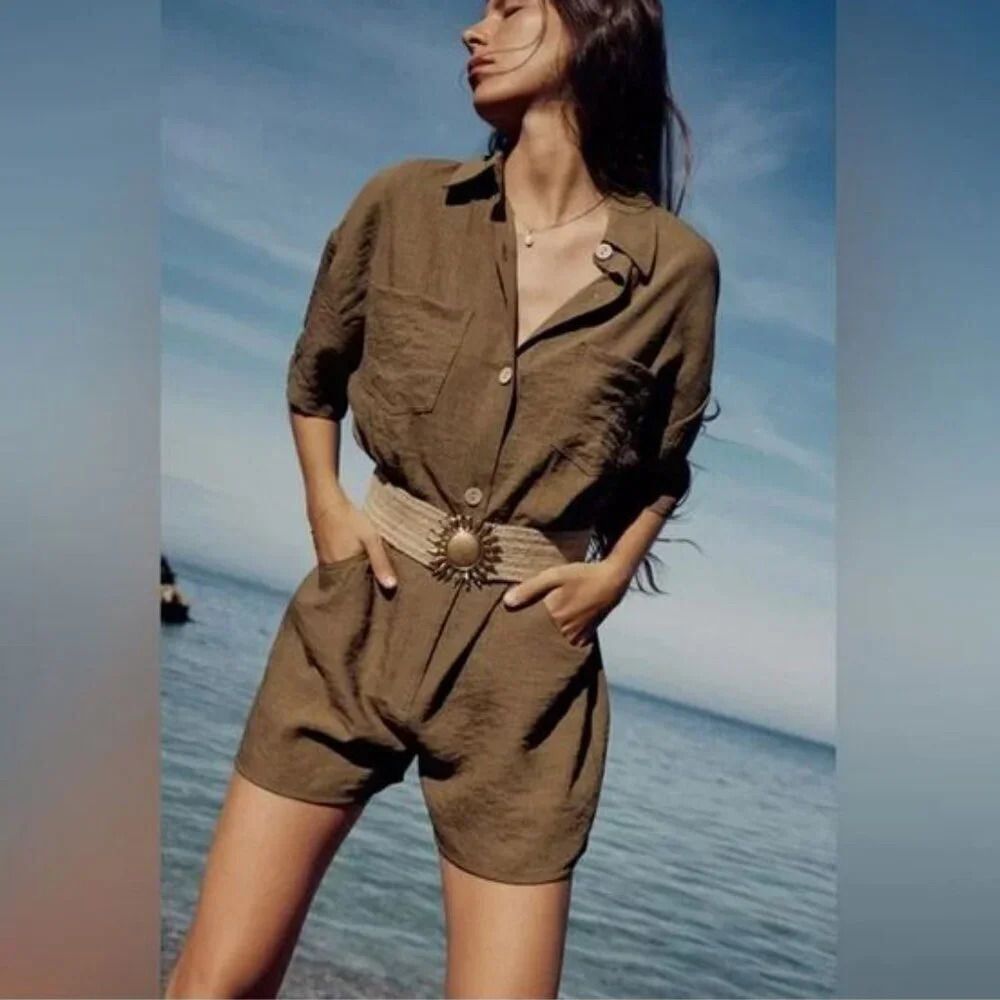 Zara Women Button Up Shirt Style Short Collared Jumpsuit Romper Tan Olive Sz XL
